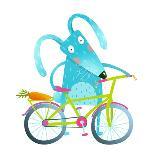 Funny Blue Bunny with Bicycle and Carrot in Trunk. Cute Rabbit Bicyclist. Isolated Cartoon Characte-Popmarleo-Art Print