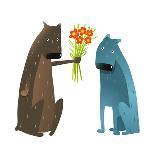 Funny Dog in Love Presenting Flowers to Friend. Dog Giving a Present to a Friend Colorful Cartoon I-Popmarleo-Art Print