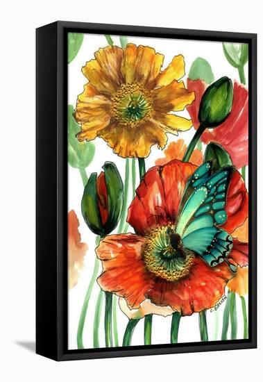 Poppies and Blue Butterfly-Cherie Roe Dirksen-Framed Premier Image Canvas