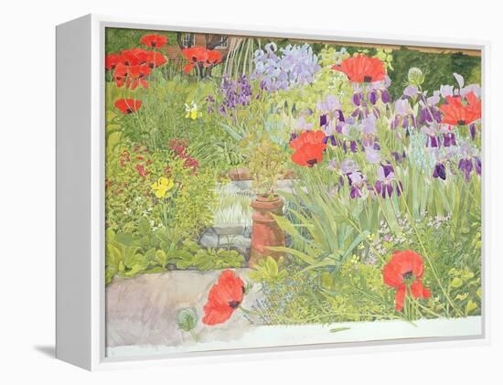 Poppies and Irises Near the Pond-Linda Benton-Framed Premier Image Canvas