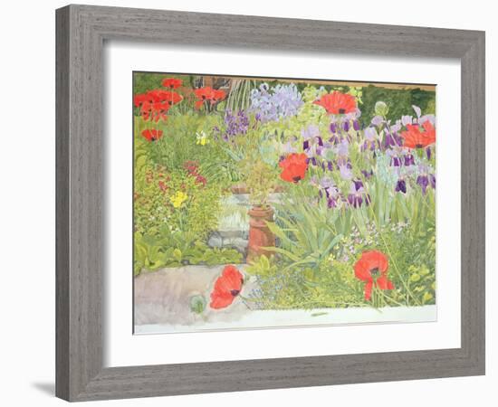 Poppies and Irises Near the Pond-Linda Benton-Framed Giclee Print