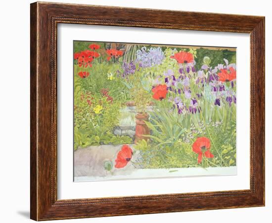 Poppies and Irises Near the Pond-Linda Benton-Framed Giclee Print