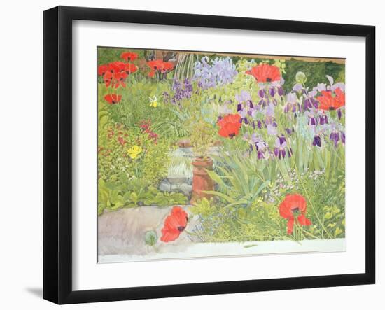 Poppies and Irises Near the Pond-Linda Benton-Framed Giclee Print