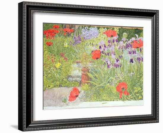 Poppies and Irises Near the Pond-Linda Benton-Framed Giclee Print