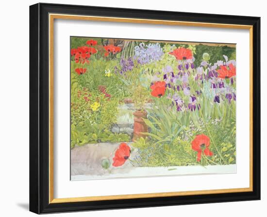 Poppies and Irises Near the Pond-Linda Benton-Framed Giclee Print