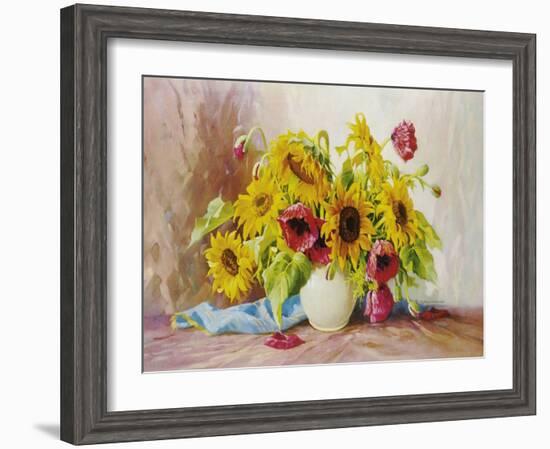 Poppies And Sunflowers-E^ Kruger-Framed Art Print