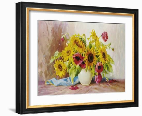Poppies And Sunflowers-E^ Kruger-Framed Art Print