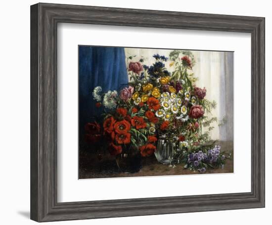 Poppies, Chrysanthemums, Peonies and other Wild Flowers in Glass Vases-Constantin Stoitzner-Framed Giclee Print