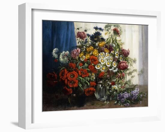 Poppies, Chrysanthemums, Peonies and other Wild Flowers in Glass Vases-Constantin Stoitzner-Framed Giclee Print