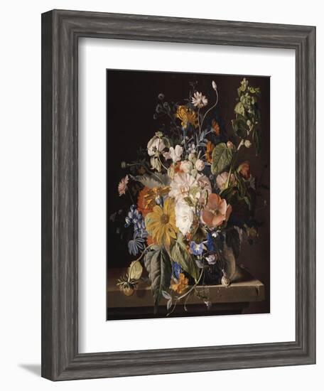 Poppies, Hollyhock, Morning Glory, Viola, Daisies, Sweet Pea, Marigolds and Other Flowers in a Vase-Jan van Huysum-Framed Giclee Print