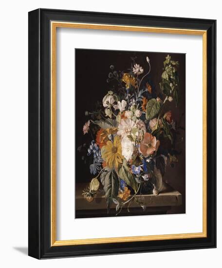 Poppies, Hollyhock, Morning Glory, Viola, Daisies, Sweet Pea, Marigolds and Other Flowers in a Vase-Jan van Huysum-Framed Giclee Print