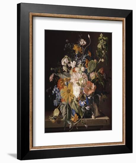Poppies, Hollyhock, Morning Glory, Viola, Daisies, Sweet Pea, Marigolds and Other Flowers in a Vase-Jan van Huysum-Framed Premium Giclee Print