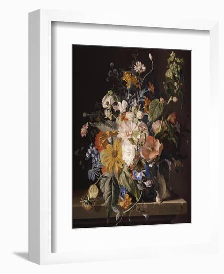 Poppies, Hollyhock, Morning Glory, Viola, Daisies, Sweet Pea, Marigolds and Other Flowers in a Vase-Jan van Huysum-Framed Premium Giclee Print