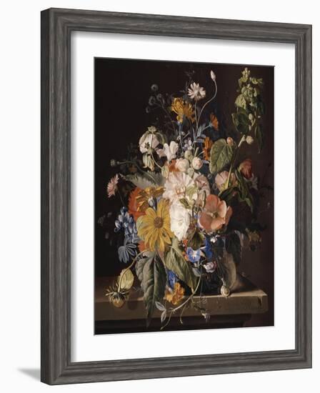 Poppies, Hollyhock, Morning Glory, Viola, Daisies, Sweet Pea, Marigolds and Other Flowers in a Vase-Jan van Huysum-Framed Giclee Print