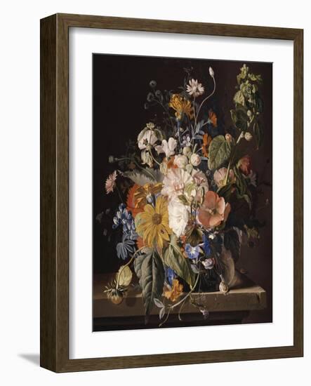 Poppies, Hollyhock, Morning Glory, Viola, Daisies, Sweet Pea, Marigolds and Other Flowers in a Vase-Jan van Huysum-Framed Giclee Print