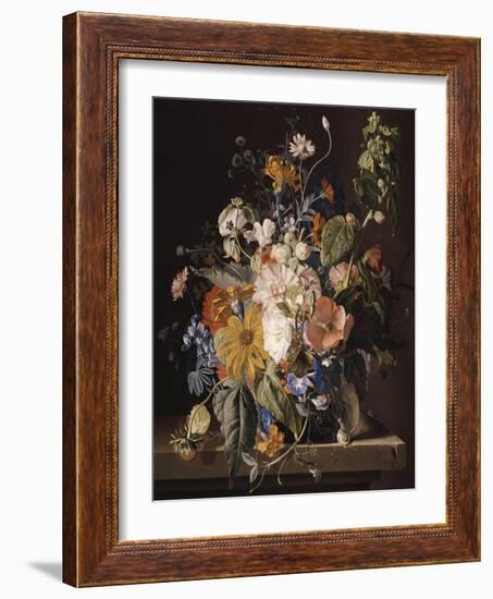 Poppies, Hollyhock, Morning Glory, Viola, Daisies, Sweet Pea, Marigolds and Other Flowers in a Vase-Jan van Huysum-Framed Giclee Print