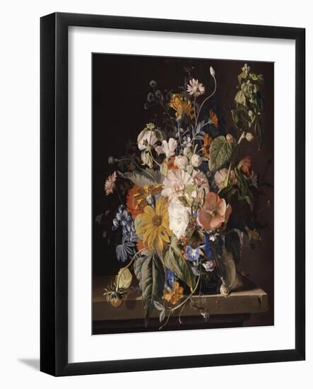 Poppies, Hollyhock, Morning Glory, Viola, Daisies, Sweet Pea, Marigolds and Other Flowers in a Vase-Jan van Huysum-Framed Giclee Print