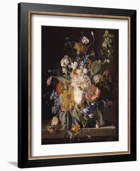 Poppies, Hollyhock, Morning Glory, Viola, Daisies, Sweet Pea, Marigolds and Other Flowers in a Vase-Jan van Huysum-Framed Giclee Print