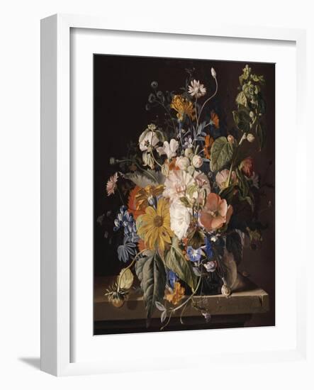 Poppies, Hollyhock, Morning Glory, Viola, Daisies, Sweet Pea, Marigolds and Other Flowers in a Vase-Jan van Huysum-Framed Giclee Print