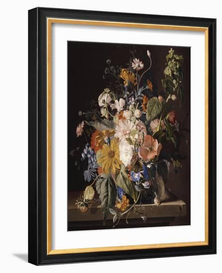 Poppies, Hollyhock, Morning Glory, Viola, Daisies, Sweet Pea, Marigolds and Other Flowers in a Vase-Jan van Huysum-Framed Giclee Print