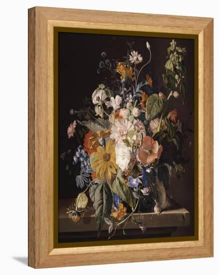 Poppies, Hollyhock, Morning Glory, Viola, Daisies, Sweet Pea, Marigolds and Other Flowers in a Vase-Jan van Huysum-Framed Premier Image Canvas