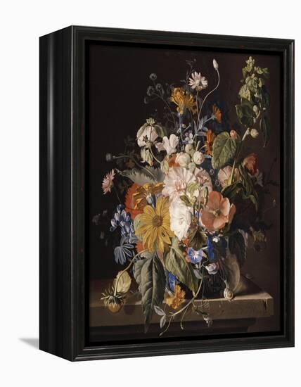 Poppies, Hollyhock, Morning Glory, Viola, Daisies, Sweet Pea, Marigolds and Other Flowers in a Vase-Jan van Huysum-Framed Premier Image Canvas