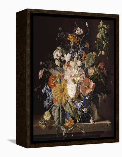 Poppies, Hollyhock, Morning Glory, Viola, Daisies, Sweet Pea, Marigolds and Other Flowers in a Vase-Jan van Huysum-Framed Premier Image Canvas