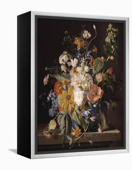 Poppies, Hollyhock, Morning Glory, Viola, Daisies, Sweet Pea, Marigolds and Other Flowers in a Vase-Jan van Huysum-Framed Premier Image Canvas