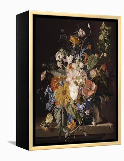 Poppies, Hollyhock, Morning Glory, Viola, Daisies, Sweet Pea, Marigolds and Other Flowers in a Vase-Jan van Huysum-Framed Premier Image Canvas