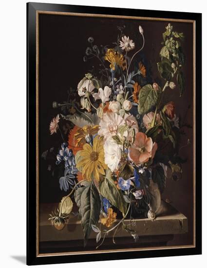 Poppies, Hollyhock, Morning Glory, Viola, Daisies, Sweet Pea, Marigolds and Other Flowers in a Vase-Jan van Huysum-Framed Giclee Print