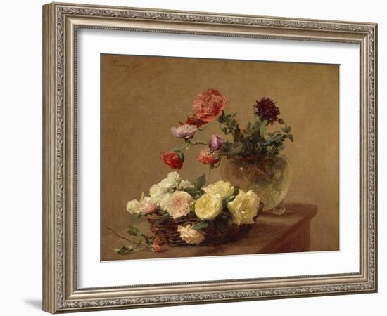 Poppies in a Crystal Vase and Roses in a Basket-Henri Fantin-Latour-Framed Giclee Print