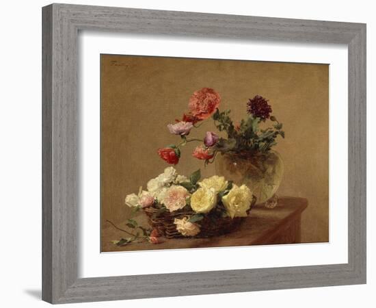 Poppies in a Crystal Vase and Roses in a Basket-Henri Fantin-Latour-Framed Giclee Print