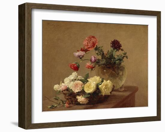 Poppies in a Crystal Vase and Roses in a Basket-Henri Fantin-Latour-Framed Giclee Print