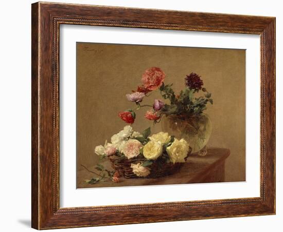 Poppies in a Crystal Vase and Roses in a Basket-Henri Fantin-Latour-Framed Giclee Print