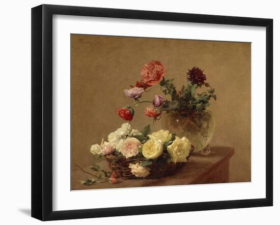 Poppies in a Crystal Vase and Roses in a Basket-Henri Fantin-Latour-Framed Giclee Print