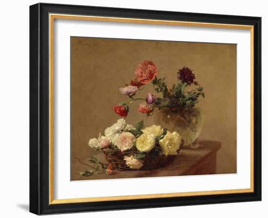 Poppies in a Crystal Vase and Roses in a Basket-Henri Fantin-Latour-Framed Giclee Print