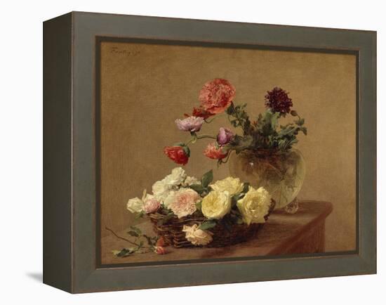 Poppies in a Crystal Vase and Roses in a Basket-Henri Fantin-Latour-Framed Premier Image Canvas