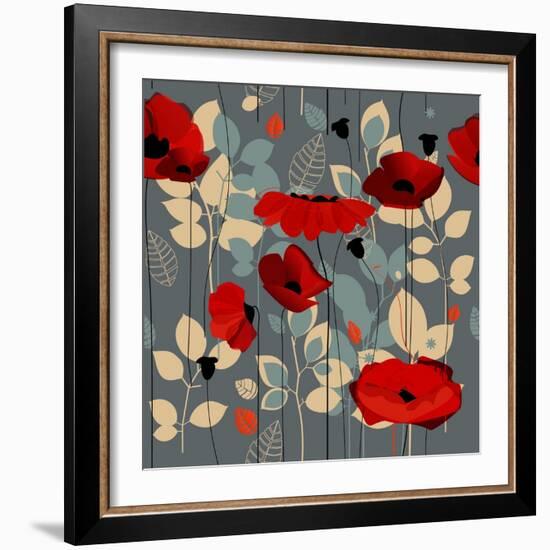 Poppy Flowers Seamless Pattern over Grey-Danussa-Framed Art Print