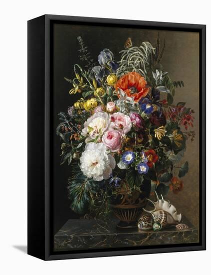 Poppy, Peonies, Roses and Naturtiums in a Greek Vase-Johan Laurentz Jensen-Framed Premier Image Canvas
