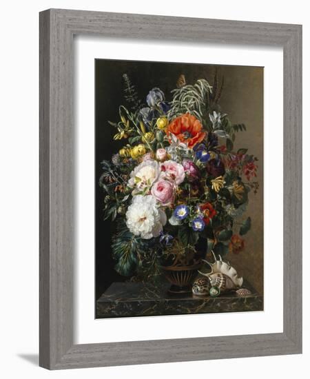 Poppy, Peonies, Roses and Naturtiums in a Greek Vase-Johan Laurentz Jensen-Framed Giclee Print