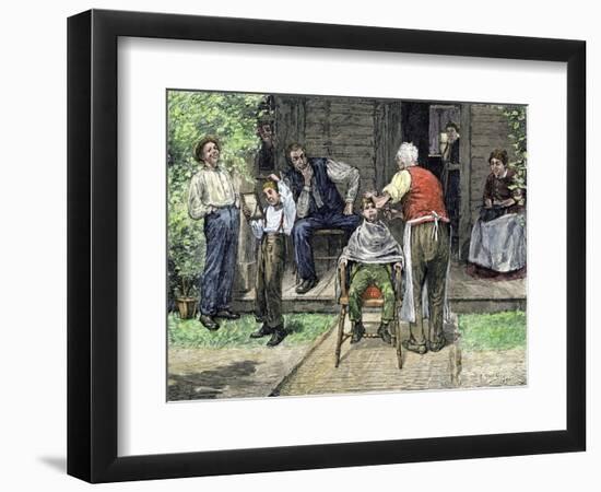 Population of America: Outdoor Hairdressers in a Village. A Boy Gets His Hair Cut, 19Th Century. Co-null-Framed Giclee Print