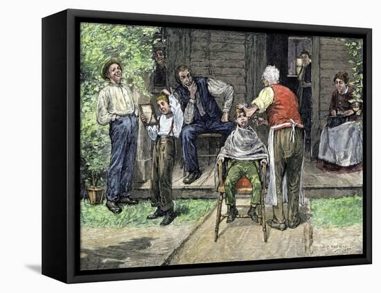 Population of America: Outdoor Hairdressers in a Village. A Boy Gets His Hair Cut, 19Th Century. Co-null-Framed Premier Image Canvas