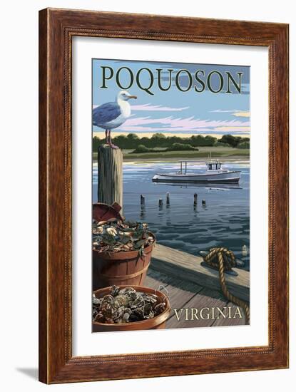Poquoson, Virginia - Blue Crab and Oysters on Dock-Lantern Press-Framed Art Print