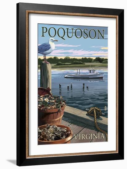 Poquoson, Virginia - Blue Crab and Oysters on Dock-Lantern Press-Framed Art Print