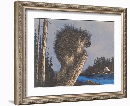 Porcupine on Stump-null-Framed Art Print