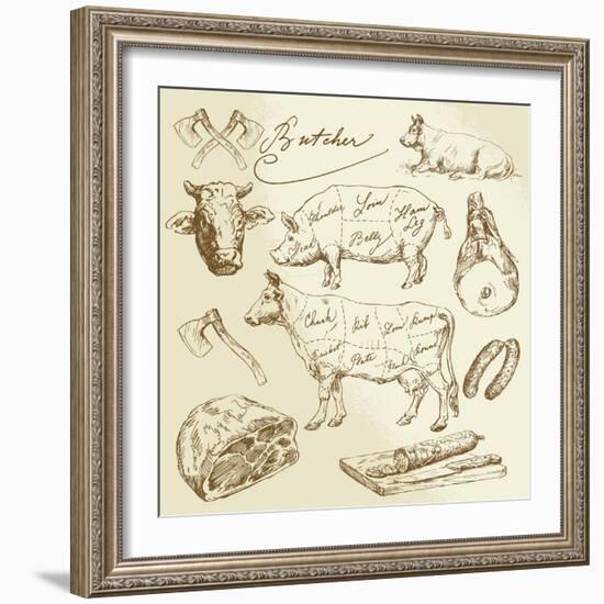 Pork and Beef Cuts - Hand Drawn Set-canicula-Framed Art Print