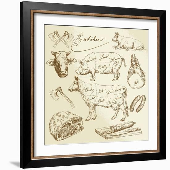 Pork and Beef Cuts - Hand Drawn Set-canicula-Framed Art Print