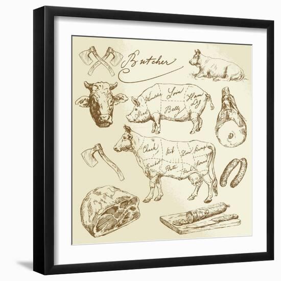 Pork and Beef Cuts - Hand Drawn Set-canicula-Framed Art Print