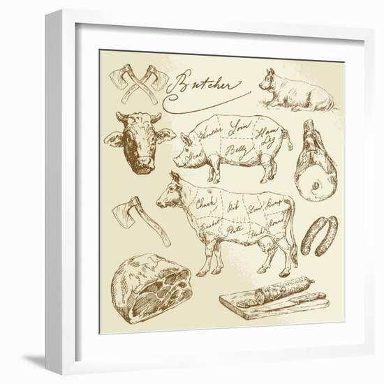 Pork and Beef Cuts - Hand Drawn Set-canicula-Framed Art Print