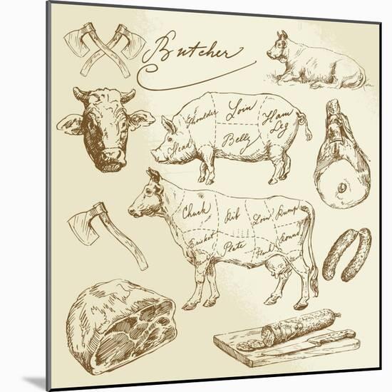 Pork and Beef Cuts - Hand Drawn Set-canicula-Mounted Art Print